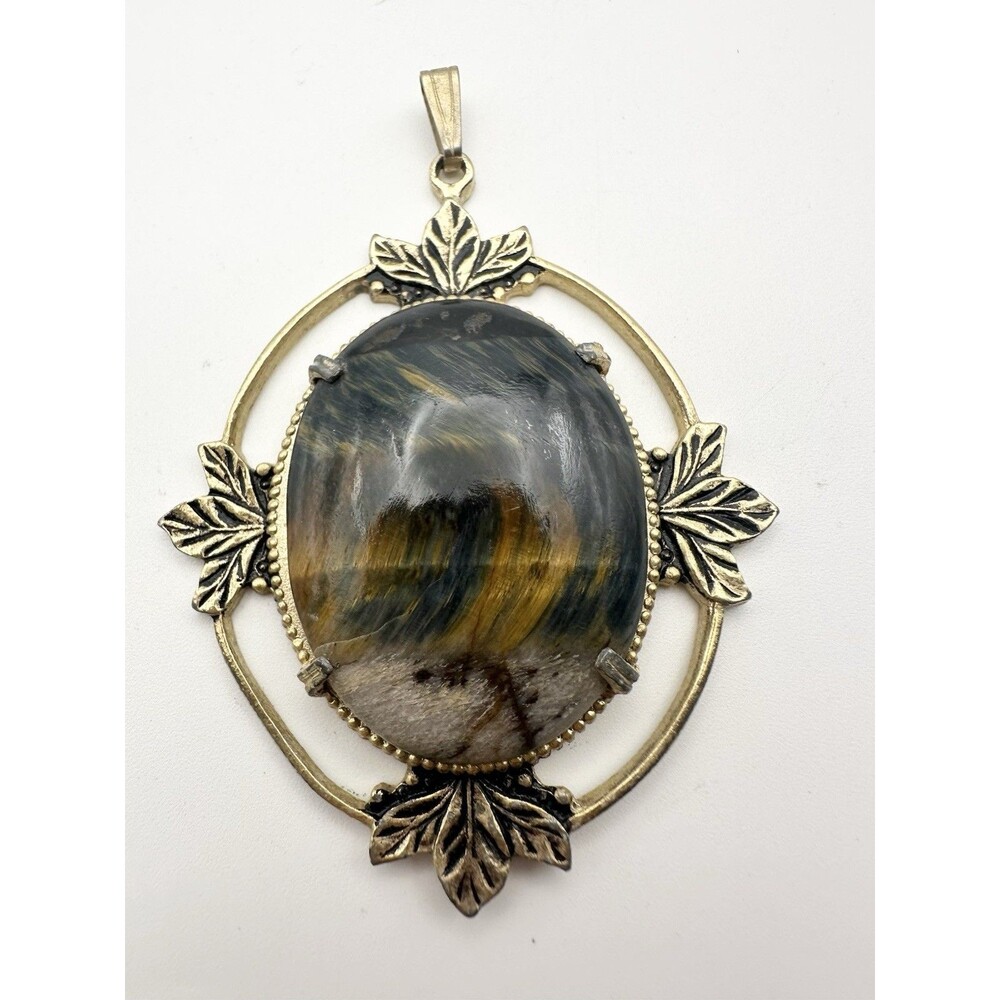 Vintage Tiger’s Eye Pendant Gold Tone Large